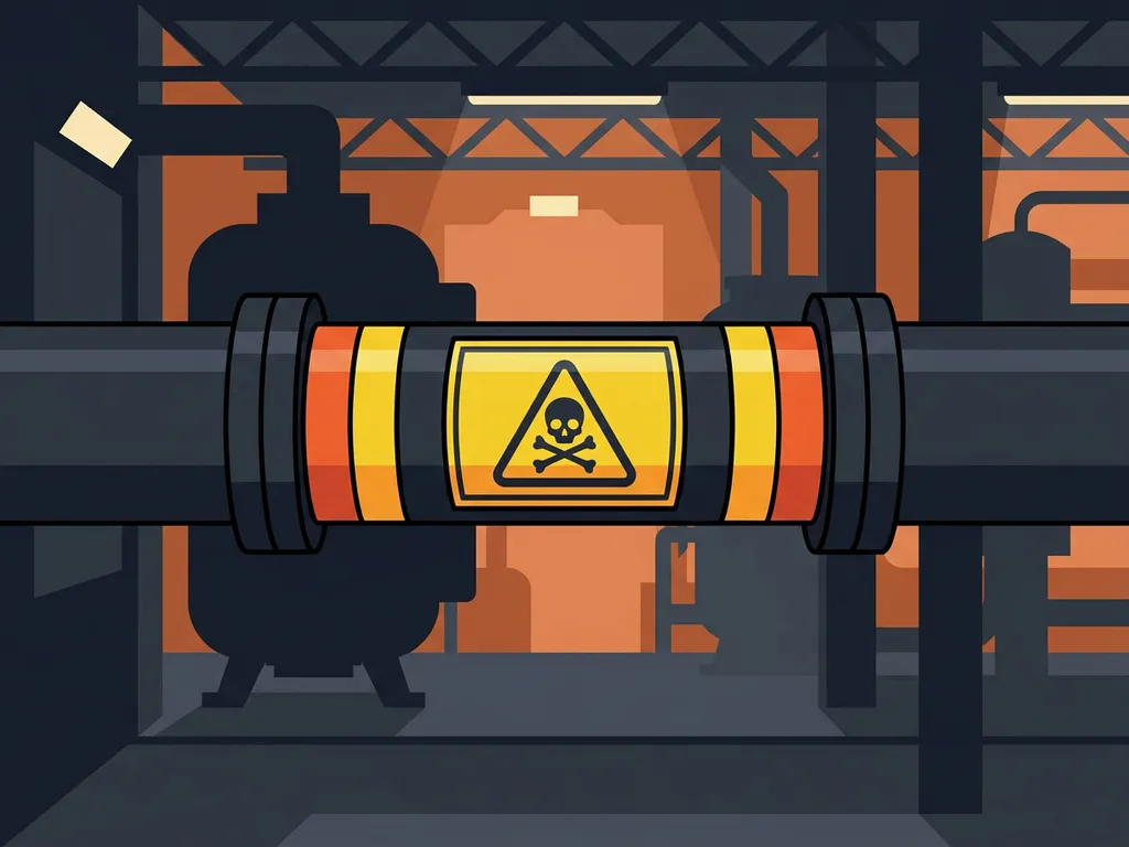 gevaar-label-industriele-pijp-veiligheid.jpg Gevaarslabel op industriële pijp met gevarenpictogram en kleurgecodeerde markeringen in donkere fabrieksgang.