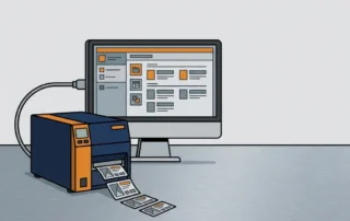 Industriële labelprinter verbonden met desktopmonitor drukt kenplaat labels af op stalen werkoppervlak.