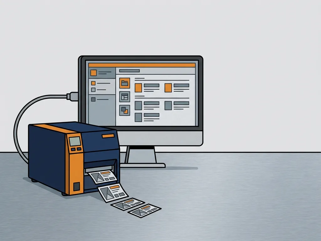 kenplaat-printer-software-industrieel-label.jpg Industriële labelprinter verbonden met desktopmonitor drukt kenplaat labels af op stalen werkoppervlak.