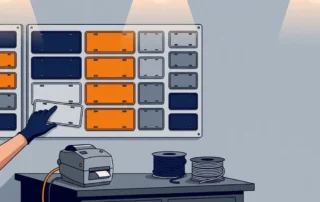 Wandgemonteerd opslagpaneel met gekleurde kentekenplaatblanco's gesorteerd op formaat, werkbank met labelprinter en kabelmarkeringen.