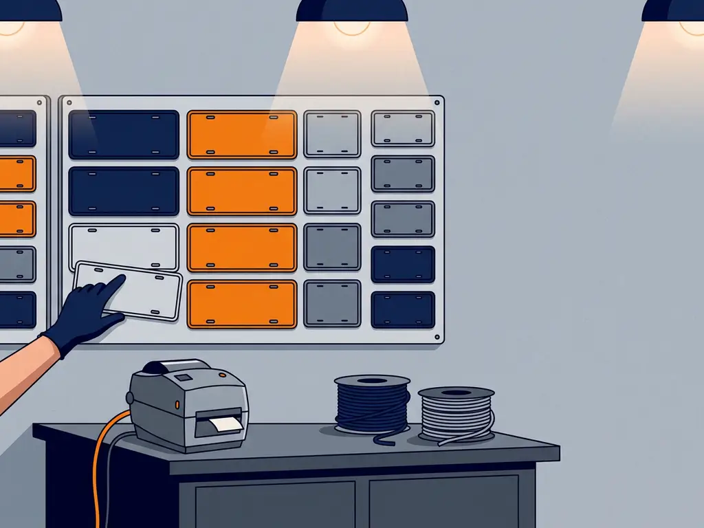 kentekenplaat-opslag-installateur-werkplek-organisatie.jpg Wandgemonteerd opslagpaneel met gekleurde kentekenplaatblanco's gesorteerd op formaat, werkbank met labelprinter en kabelmarkeringen.