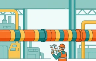 Kleurgecodeerd leidingsysteem in industriële fabriek met oranje, groene en gele banden; veiligheidsmedewerker met helm raadpleegt referentiekaart.