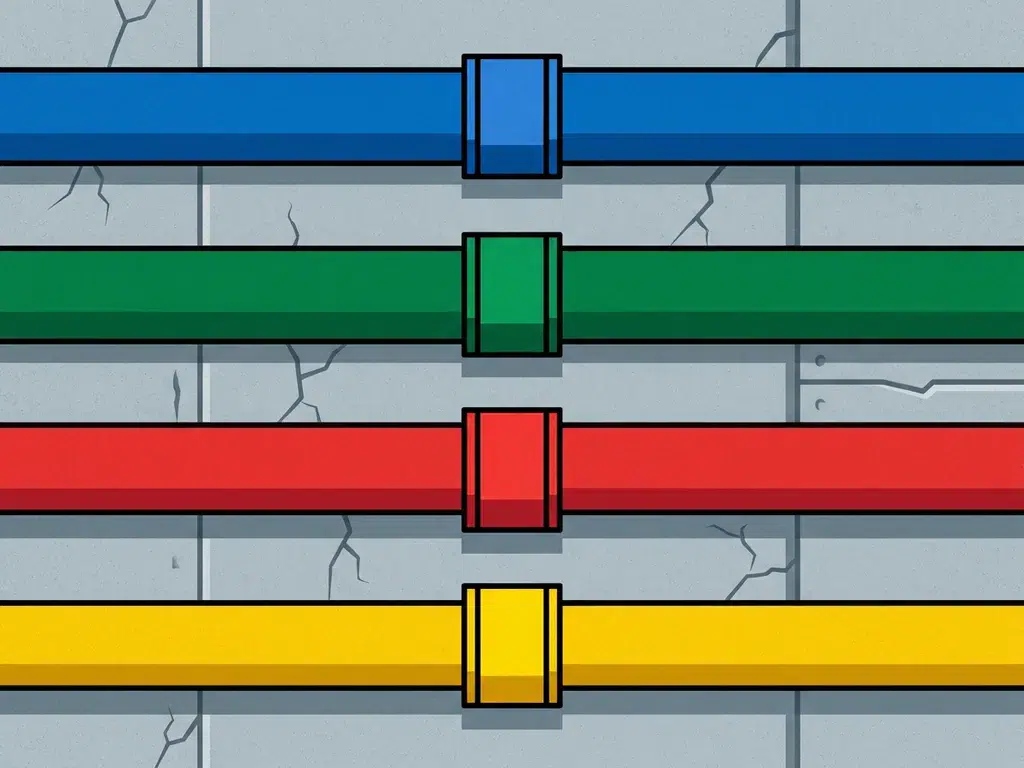 industriele-leidingen-kleurcode-fabriek.jpg Vier parallelle industriële leidingen in blauw, groen, rood en geel met kleurcoderingsringen langs een betonnen fabrieksmuur.