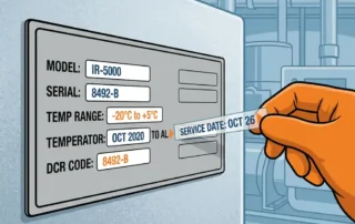 Glanzend metalen typeplaatje op industriële koelinstallatie met gedrukte polyester labels in staalgrijs, ijsblauw en oranje.