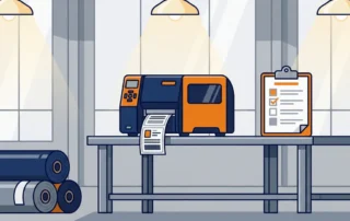 Industriële labelprinter op stalen werkbank met vinylrollen en onderhoudsklembord op Nederlandse fabriekswerkvloer.