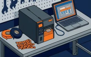 Industriële labelprinter op stalen werkbank naast laptop met labelindeling, omringd door vinyltape en kabelmarkeringen.