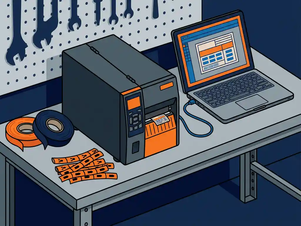kabelmarkeringen-labelprinter-industrieel-workshop.jpg Industriële labelprinter op stalen werkbank naast laptop met labelindeling, omringd door vinyltape en kabelmarkeringen.