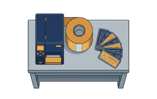 Labelprinter werkstation op stalen industriële werkbank met vinylrol en uitgespreide identificatieplaten in marineblauw, amber en lichtgrijs.
