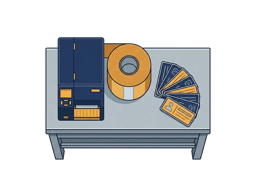 labelprinter-werkstation-vinyl-identificatieplaten-industrieel.jpg Labelprinter werkstation op stalen industriële werkbank met vinylrol en uitgespreide identificatieplaten in marineblauw, amber en lichtgrijs.