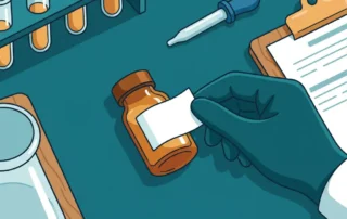 Gehandschoende hand die een wit etiket aanbrengt op een laboratoriumflesje, omringd door reageerbuizen en pipetten op een werkbank.