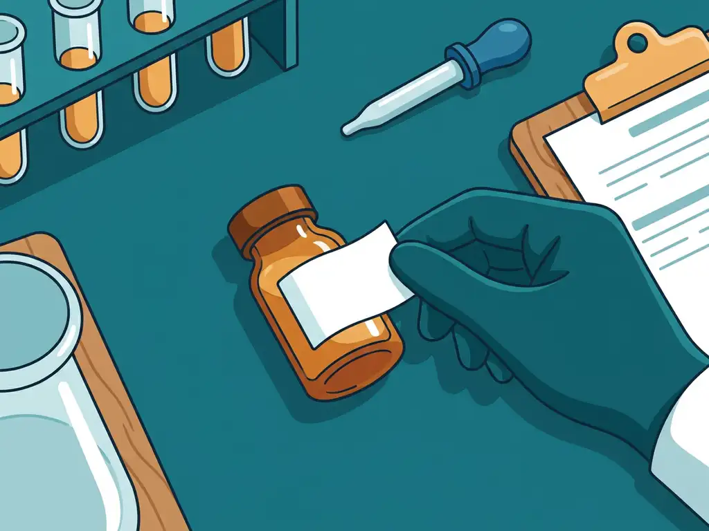 laboratorium-monster-label-vial-pipet.jpg Gehandschoende hand die een wit etiket aanbrengt op een laboratoriumflesje, omringd door reageerbuizen en pipetten op een werkbank.