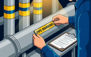 Gelamineerd leidingidentificatielabel aangebracht op industriële pijp in procesinstallatie, met kleurgecodeerde banden op de achtergrond.