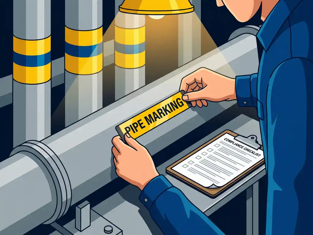 pijpmarkering-label-industrieel-compliance.jpg Gelamineerd leidingidentificatielabel aangebracht op industriële pijp in procesinstallatie, met kleurgecodeerde banden op de achtergrond.