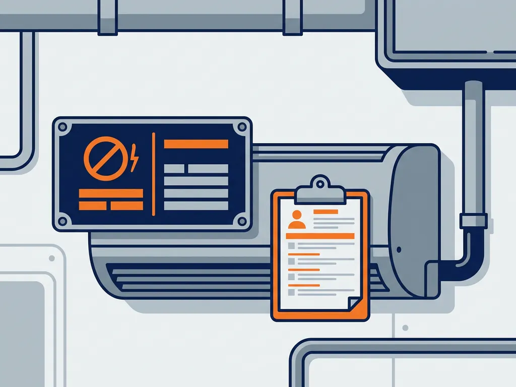 industrieel-naamplaatje-airconditioning-inspectie-clipboard.jpg Industrieel naamplaatje op wandairconditioning met inspectieklembord in nette werkplaats met leidingen op de achtergrond.