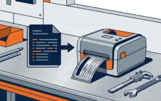 Digitaal compliancedocument dat transformeert tot industrieel naamplaatlabel uit labelprinter op stalen werkoppervlak met precisiegereedschap.