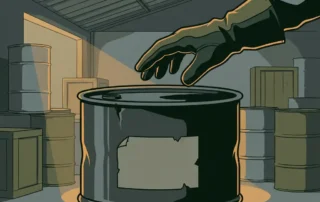 Gehandschoende hand bij een versleten industriële chemicaliëndrum zonder etiket in een donkere fabrieksopslagruimte.