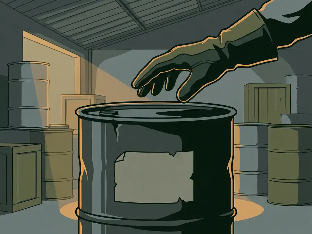 gevaarlijk-chemisch-vat-handschoen-fabriek.jpg Gehandschoende hand bij een versleten industriële chemicaliëndrum zonder etiket in een donkere fabrieksopslagruimte.