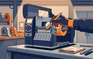 Gehandschoende technicus reinigt printkop van industriële labelprinter op stalen werkbank met borstel en pluisvrije doek.