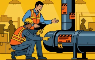 Tijdelijke medewerker met helm en veiligheidsvest bestudeert leidingmarkeringen in fabriek, supervisor wijst aanwijzingen.