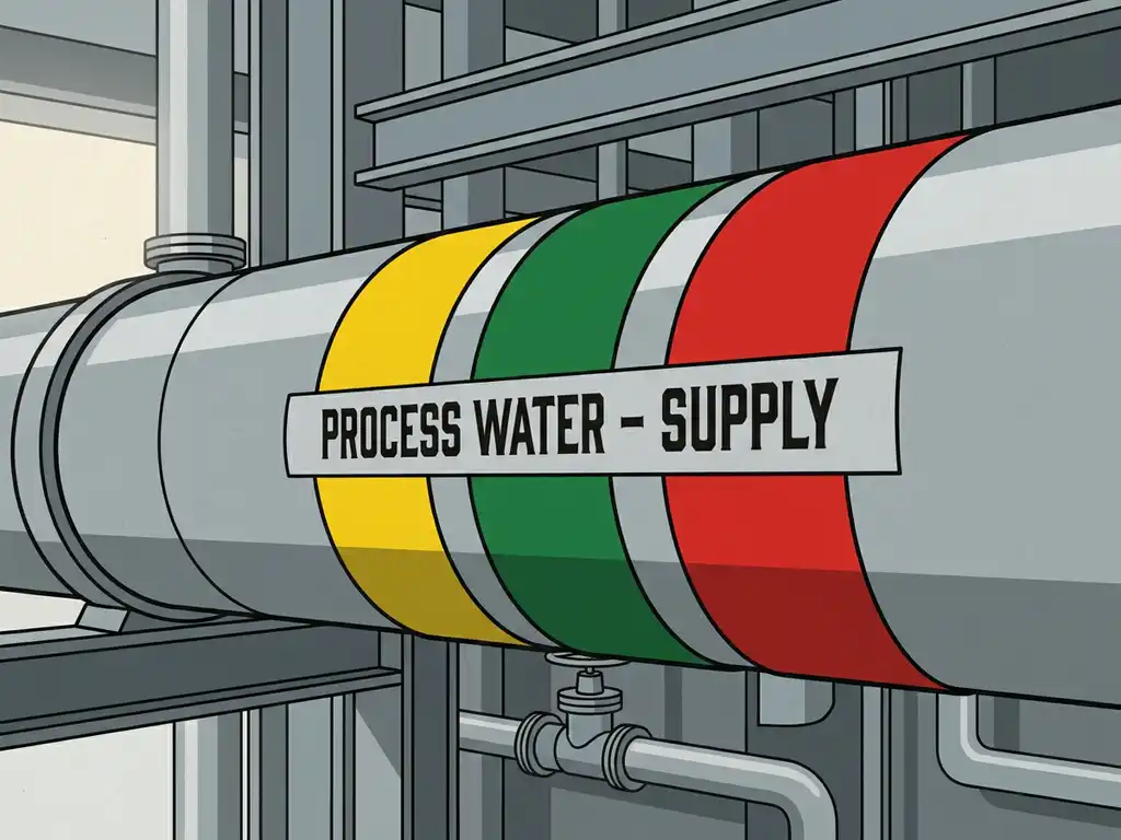 leidingmarkering-kleurcodering-industriele-pijpleiding.jpg Industriële pijpleiding met kleurgecodeerde markeringsbanden in geel, groen en rood in een stalen productieomgeving.