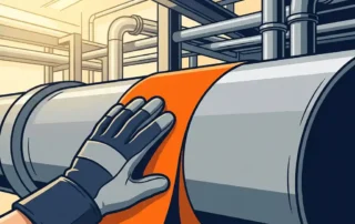 Technicus met handschoen die oranje pijpmarkeerband aanbrengt op grote industriële leiding in schone fabriek.