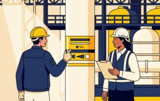 Aannemer en HSE-manager inspecteren kleurgecodeerde pijpmarkering op industriële leiding in staalfabriek.