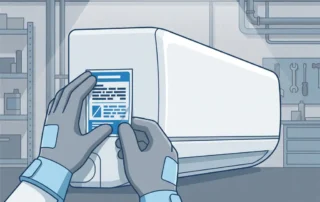 Technicus die een polyester identificatieplaat aanbrengt op een wit airconditioningapparaat in een industriële werkplaats.