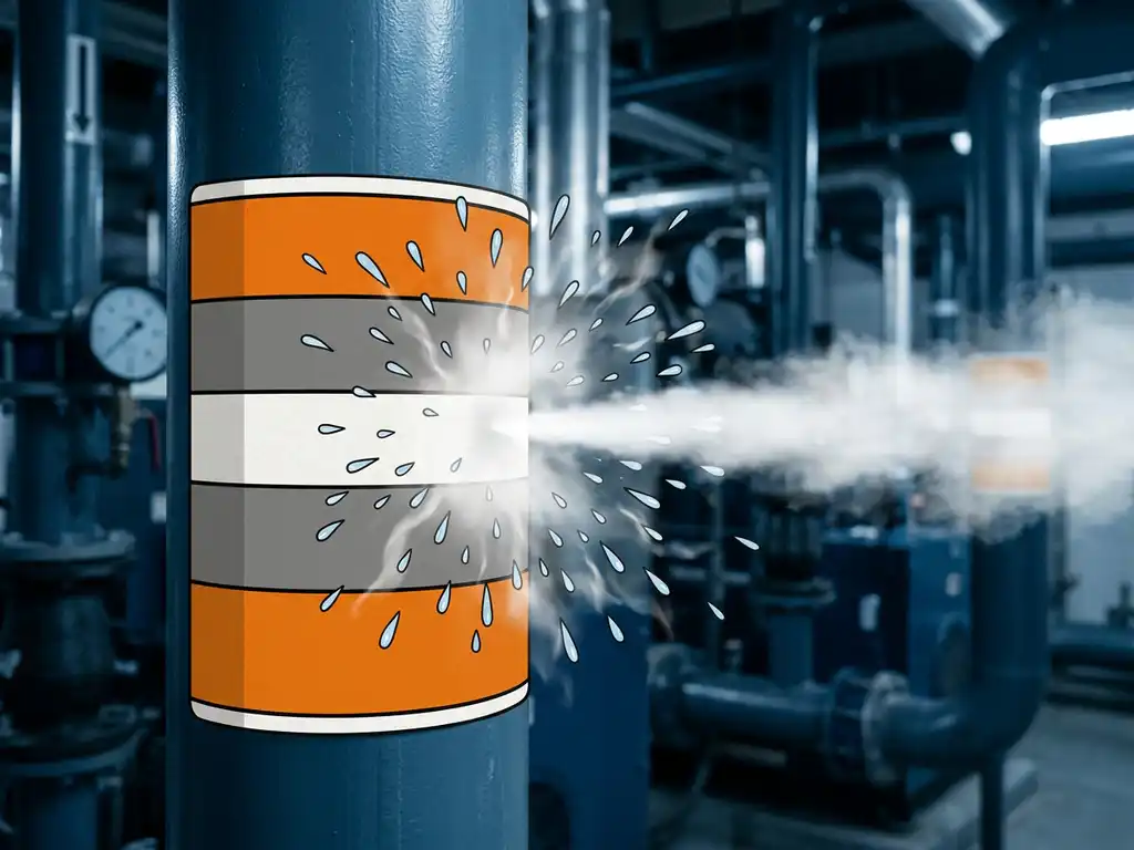 stoombestendige-pijpmarkering-industrieel-label.jpg Duurzame pijpmarkering weerstaat hogedrukstoomstraal in industriële ketelruimte, kleurgecodeerde banden intact op staalblauwe leidingen.