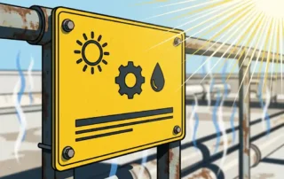 UV-bestendige identificatieplaat op industrieel pijpenrek in felle zon, levendig geel en antraciet tegen blauwe lucht.