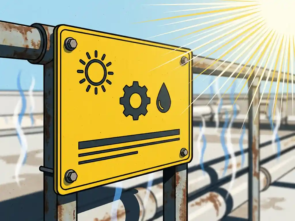 uv-bestendige-identificatieplaat-industrieel-geel.jpg UV-bestendige identificatieplaat op industrieel pijpenrek in felle zon, levendig geel en antraciet tegen blauwe lucht.