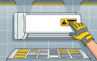 Technicus die een gele veiligheidssticker aanbrengt op een witte airco-unit, compliancelabels op werkbank op de achtergrond.