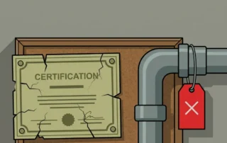 Verlopen certificeringsdocument met scheuren op industrieel prikbord, rode waarschuwingstag aan koelleidingfitting.