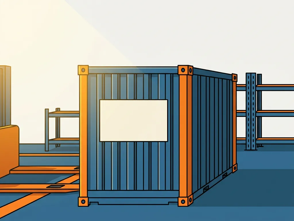 verzendcontainer-magazijn-etiket-staal.jpg Rechtopstaande industriële zeecontainer met vers aangebracht etiket in een magazijn, heftruck sporen en metalen stellingen op achtergrond.