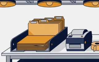 Gesorteerde vinyllabelsheets in gelabelde tabbladen in een metalen archiefdienblad op een werkbank, met een compacte labelprinter ernaast.
