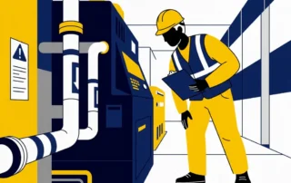 Arbeidsinspecteur met helm en veiligheidsvest inspecteert leidingmarkeringen op industriële apparatuur, klembord in hand.
