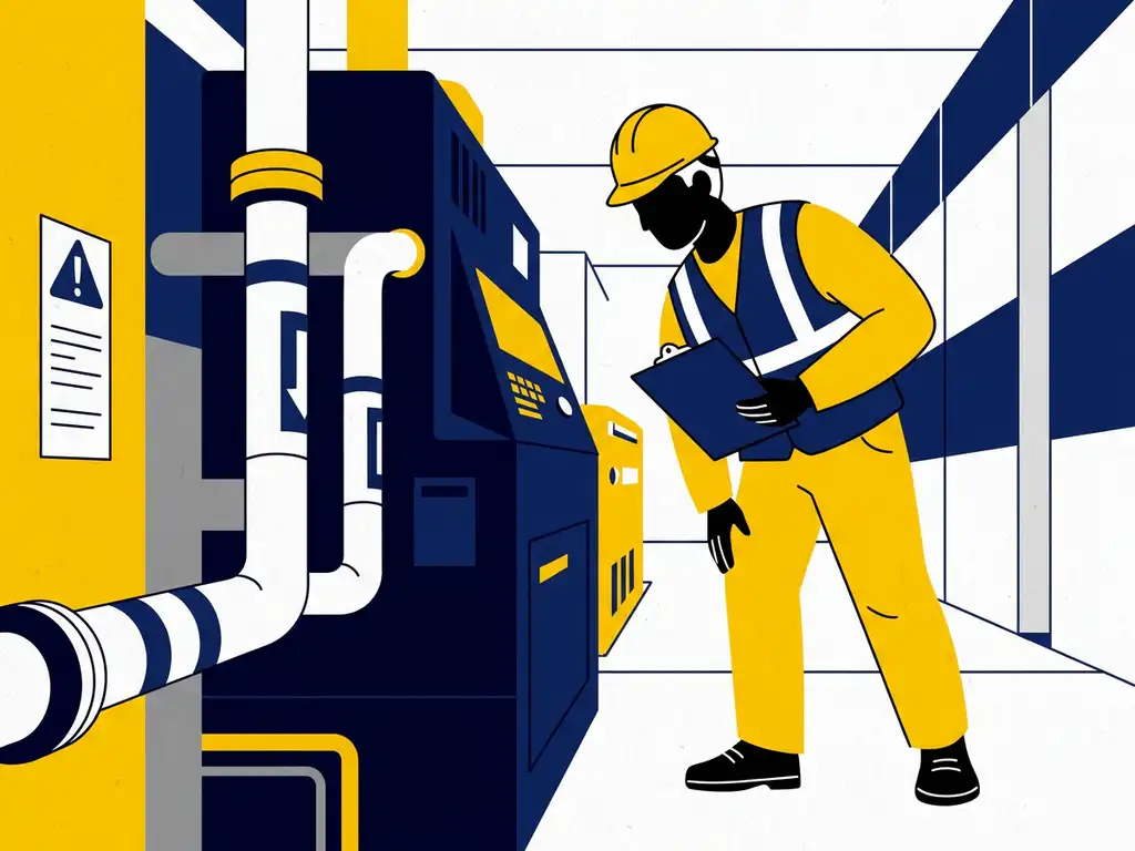 arbeidsinspecteur-pijpmarkering-veiligheid-fabriek.jpg Arbeidsinspecteur met helm en veiligheidsvest inspecteert leidingmarkeringen op industriële apparatuur, klembord in hand.