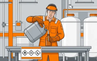 Chemisch technicus schenkt heldere vloeistof van industriële container in amber glazen fles, compliancelabel op stalen werkbank.
