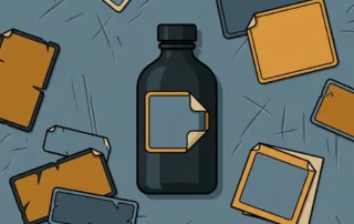 Chemisch resistente polyesterlabel die loslaat op donkere industriële fles, omringd door duurzame labelmonsters op stalen werkoppervlak.