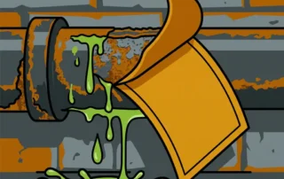 Polyesterlabel dat loslaat van een gecorrodeerde metalen pijp met bijtende vloeistof, industriële omgeving met betonnen muur.