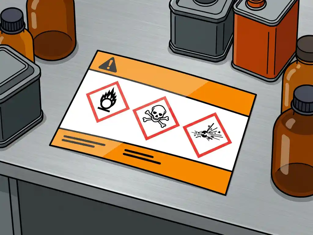gevaarlijke-stoffen-ghs-label-chemisch.jpg GHS-gevaarsetiket op glanzend polyester, omringd door amber glazen flessen en metalen containers op stalen werkoppervlak.
