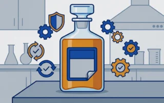 Chemisch resistente polyesterlabel die licht loslaat van een glazen dekanteerles met barnsteenkleurige vloeistof op een industriële labtafel.