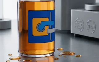 Chemisch-resistente polyesterlabel op glazen decanteerflacon met amber industrieel oplosmiddel op roestvrijstalen laboratoriumoppervlak.