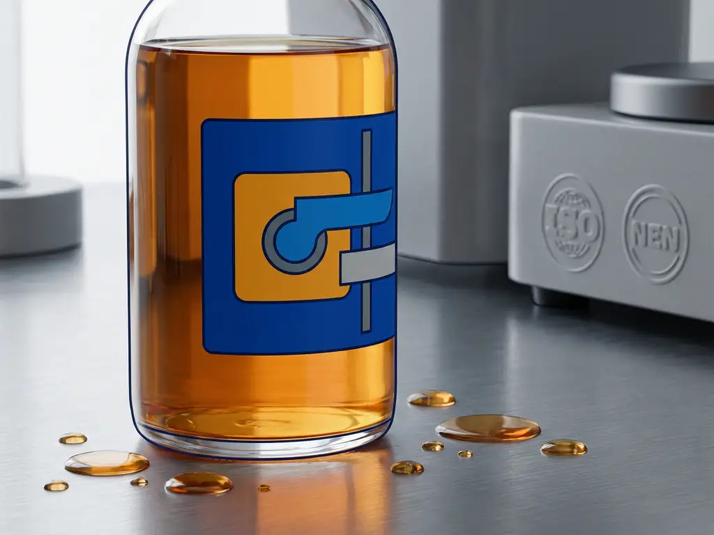 chemisch-bestendige-label-glazen-fles.jpg Chemisch-resistente polyesterlabel op glazen decanteerflacon met amber industrieel oplosmiddel op roestvrijstalen laboratoriumoppervlak.