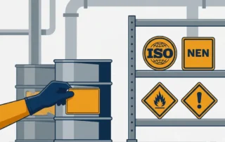 Chemisch vat wordt hergelabeld in industriële omgeving met ISO-, GHS- en CLP-veiligheidssymbolen op stalen schap.