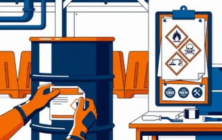 Gehandschoende hand die een chemisch vat herbeëtikettert, met GHS-gevarendiamanten en ISO/NEN-symbolen op referentiebladen in industriële omgeving.