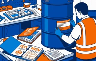 Chemisch vat dat wordt voorzien van een nieuw GHS/CLP-etiket op een industriële werkbank, omringd door open compliance-mappen met ISO- en NEN-normen.