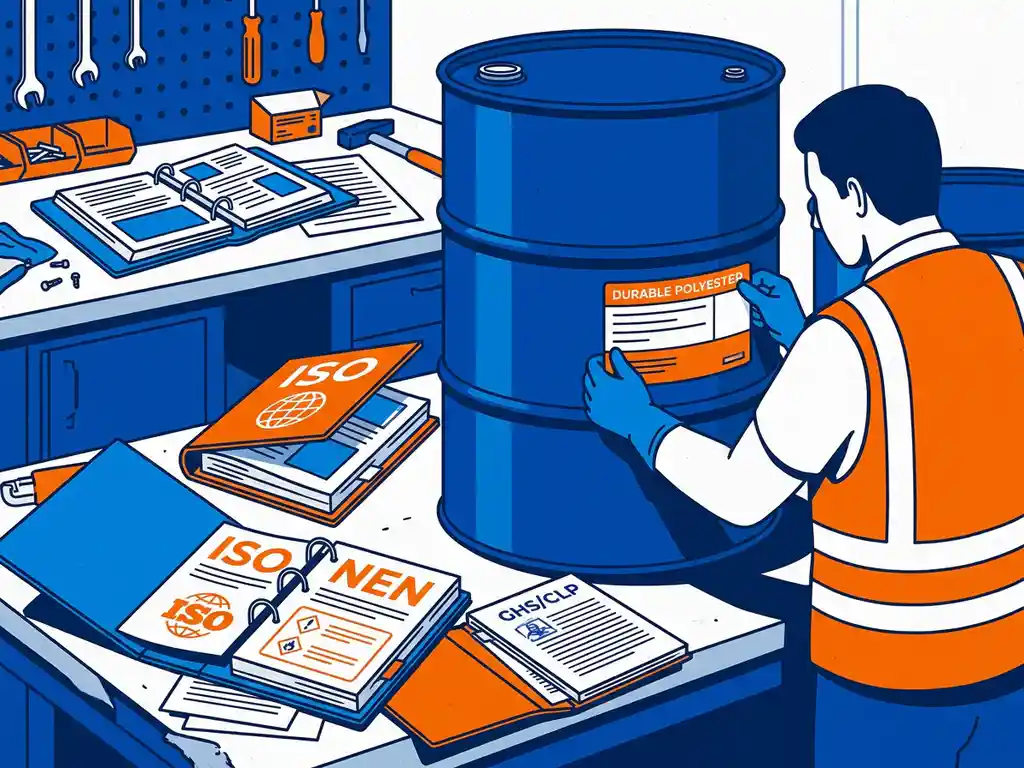 chemisch-vat-herbedrukking-compliance-etiket.jpg Chemisch vat dat wordt voorzien van een nieuw GHS/CLP-etiket op een industriële werkbank, omringd door open compliance-mappen met ISO- en NEN-normen.