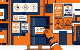 Chemisch vat wordt opnieuw gelabeld in industriële omgeving, omringd door GHS-veiligheidspictogrammen en NEN/ISO-compliance borden.