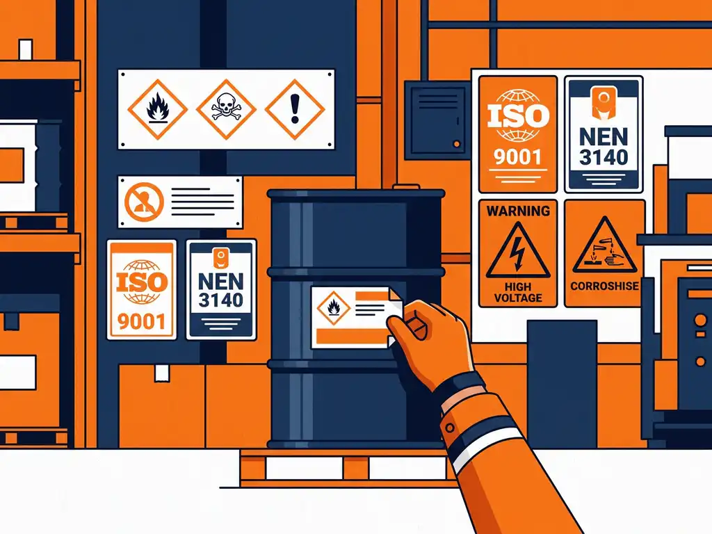 chemisch-vat-heretikettering-ghs-compliance.jpg Chemisch vat wordt opnieuw gelabeld in industriële omgeving, omringd door GHS-veiligheidspictogrammen en NEN/ISO-compliance borden.