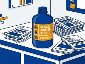Hoe lang moet een etiket op een chemische decanteerfles leesbaar blijven?